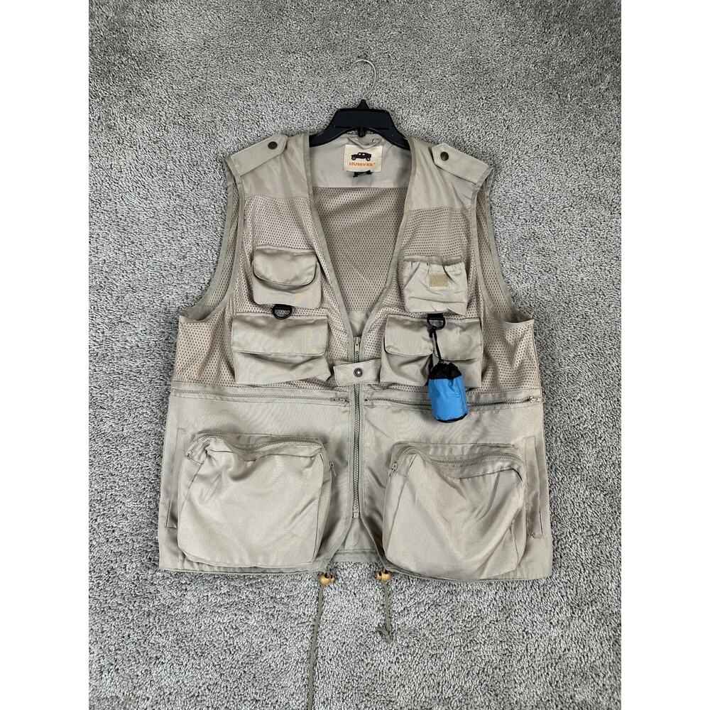 Humvee Fishing Vest Mens Large Khaki Mesh Multi Pocket Safari Travel Outdoor